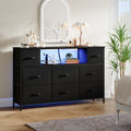 EUNOS 8 Drawer Dresser with Power Outlet LED Lights Fabric Chest of Drawers Metal Frame Wood Top TV Stand for 55 Inch TV Bedroom Living Room Storage Black Wood Grain White Canada