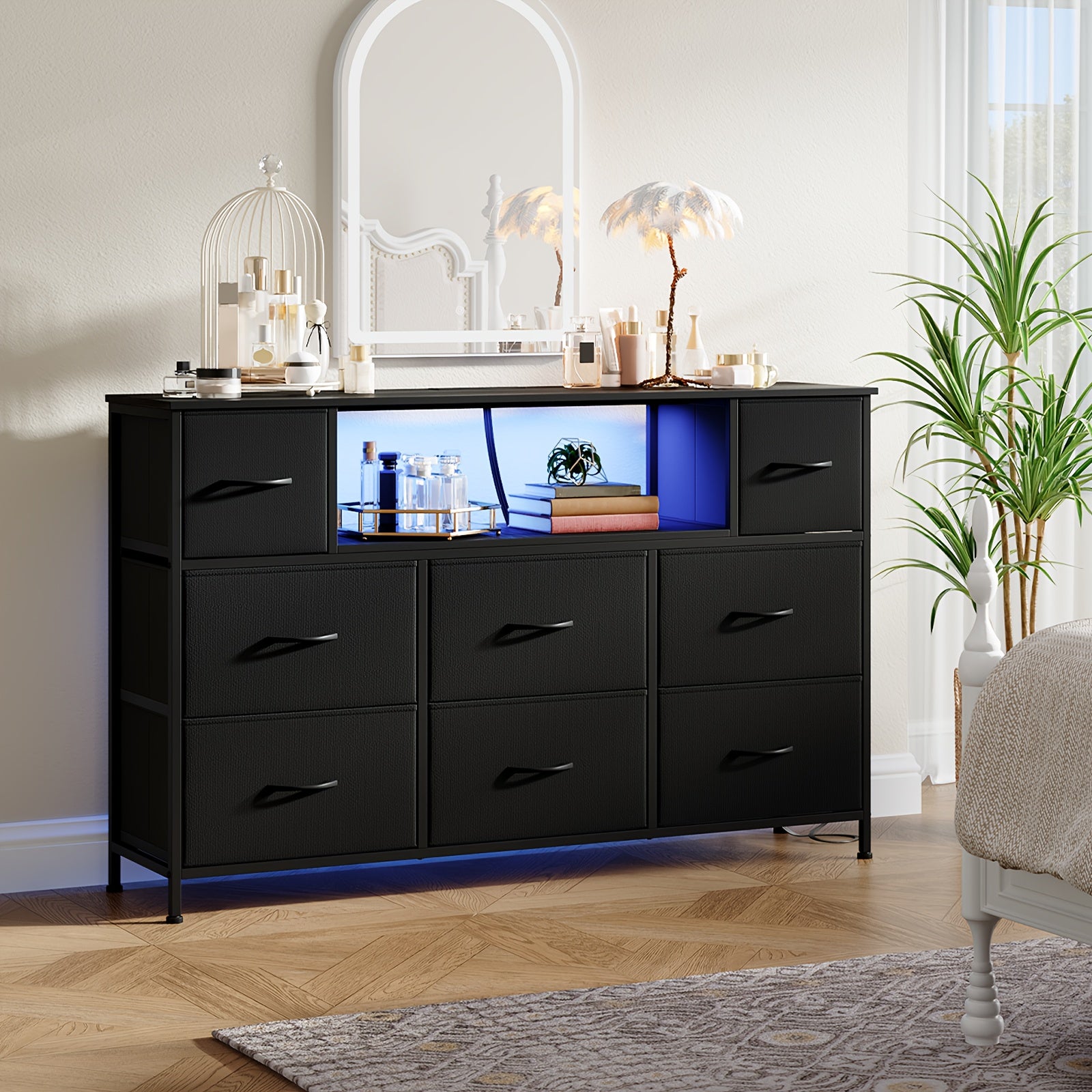 EUNOS 8 Drawer Dresser with Power Outlet LED Lights Fabric Chest of Drawers Metal Frame Wood Top TV Stand for 55 Inch TV Bedroom Living Room Storage Black Wood Grain White Canada