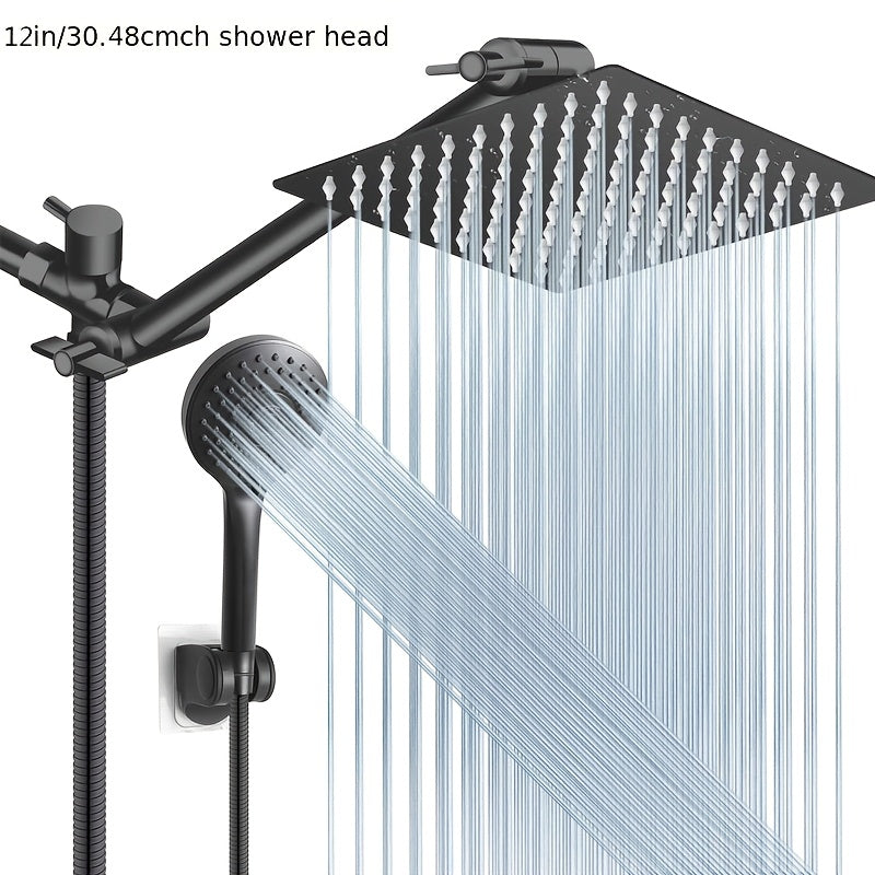 Rainfall Shower Head & Handheld Combo with Extension Arm – High Pressure 5-Setting Anti-Leak Shower System, Height & Angle Adjustable, Chrome 10-Inch & Matte Black 12-Inch Options