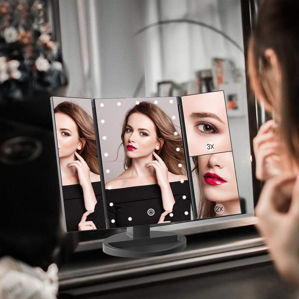 Vanity Makeup Mirror 1x/2x/3x Tri-Fold Makeup Mirror with 21 LED Lights and Adjustable Touch Screen Lighted Mirror Dressing Mirrors for Women