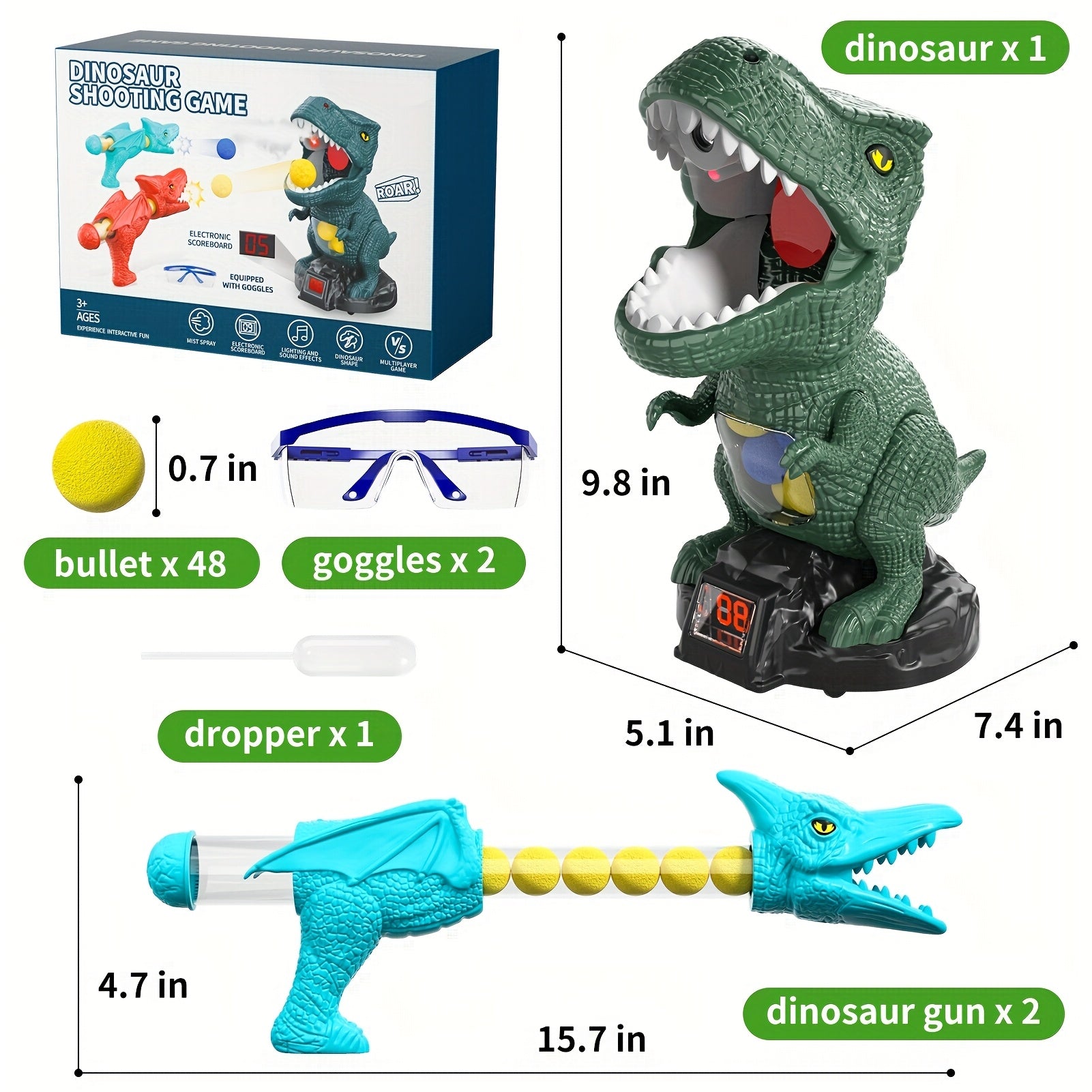 Dinosaur Shooting Game Toy with 48 Bullets Googles & 2 Launchers, Movable Dino Shooting Toy with Sound Light & Spray Boys Toys for 3 Ages And Up