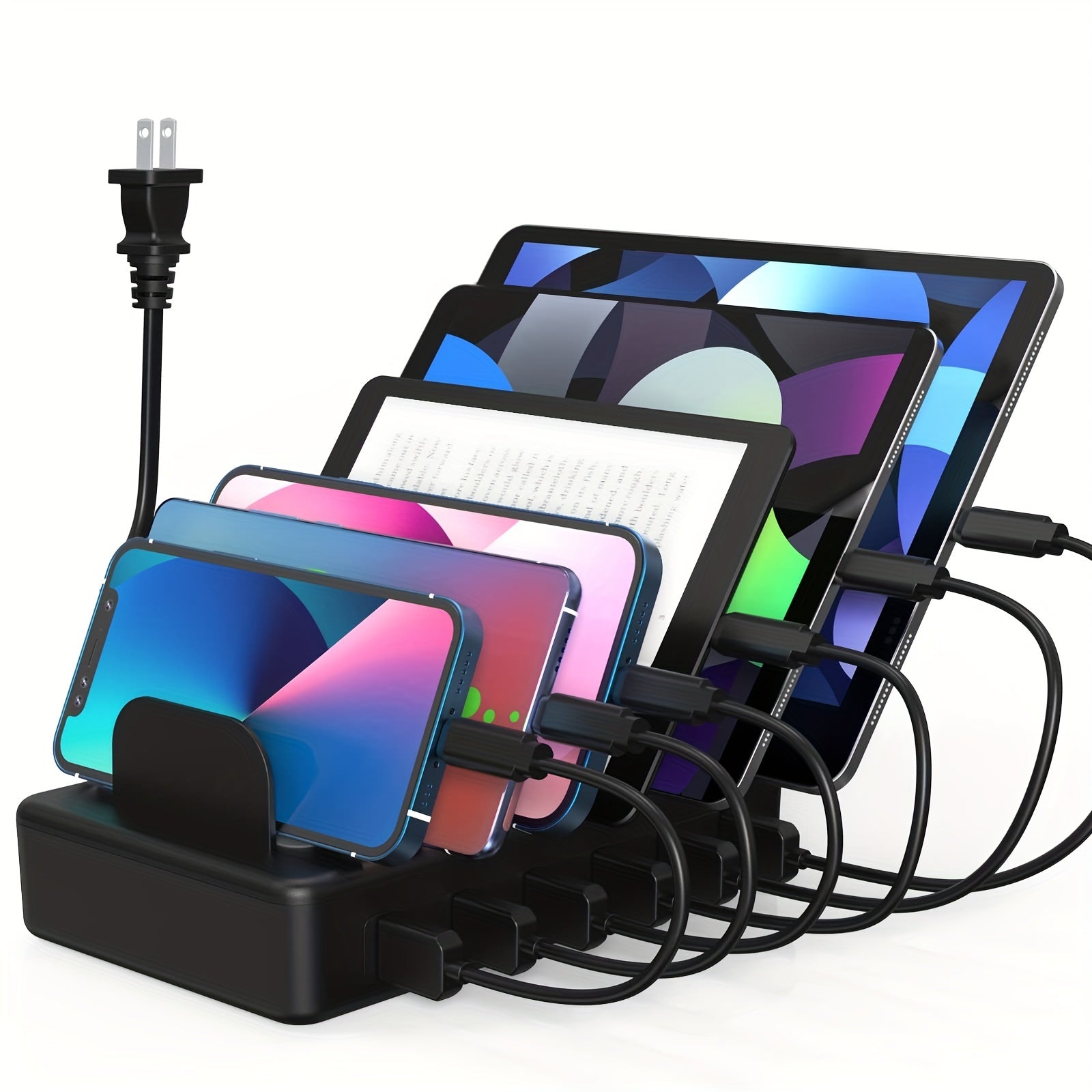 50W 6-Port USB Charging Station with Organizer & 6 Cables, 2.4A Smart Chip, Flame-Retardant ABS, Charges Phone, Tablet, Kindle & Electronics – Gift Box Included