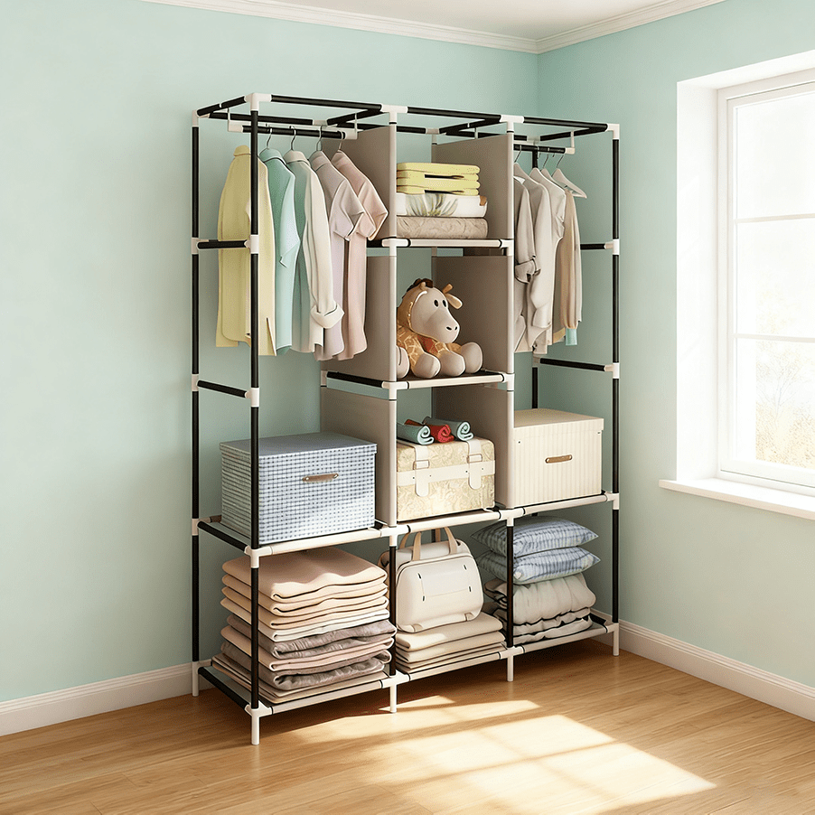 Portable Wardrobe Closet Clothes Organizer Non-Woven Fabric Cover with 6 Storage Shelves, 2 Hanging Sections, And 4 Side Pockets, Bedroom Wardrobe Dust-proof Storage, Portable Assembly Wardrobe, Living Room Wardrobe, Sturdy And Durable Wardrobe (170*128*4