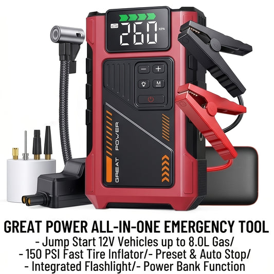 7000A Car Portable Wireless Car Air Compressor, Jump Starter With AirCompressor, Battery Jump StarterPortable Peak, Car Battery Charger Portable For12V(2.11gal Gas/1.72 gal Diesel) UsB Input/output, LED Emergency, Car Accessories Too