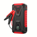 12V jump starter, portable for 10.0L gasoline and 8.0L diesel engines, with SOS warning light, LED flashlight function, compass, emergency window breaker and dual USB fast charging, automotive accessories - clips in red/black design