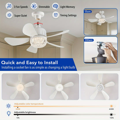 Socket Fan Light E26/E27 Screw-In Ceiling Fan with Light & Remote – Dimmable Small Ceiling Fan Bulb Replacement, Easy Install for Bathroom, Bedroom, Kitchen & Living Room Canada, Modern Style