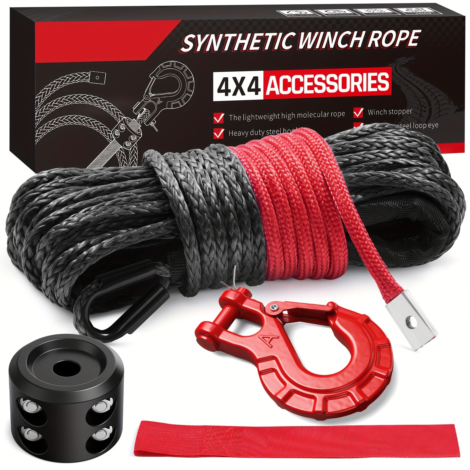 Synthetic Winch Rope Kit 1/4" x 50Ft, 9,650 Lbs Breaking Strength UHMWPE Winch Cable with Steel Hook, Protective Sleeve & Rubber Stopper for ATV, UTV & Off-Road Vehicles