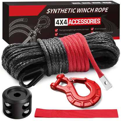 Synthetic Winch Rope Kit 1/4" x 50Ft, 9,650 Lbs Breaking Strength UHMWPE Winch Cable with Steel Hook, Protective Sleeve & Rubber Stopper for ATV, UTV & Off-Road Vehicles