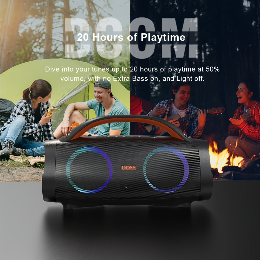 DOSS 100W Outdoor Speaker Bluetooth 5.3 with Stereo Sound, Rich Bass, 20 Hours Playtime, 10400mAh Power Bank, Mixed Color Party Light, IPX6 Portable Speaker for Camping, Beach