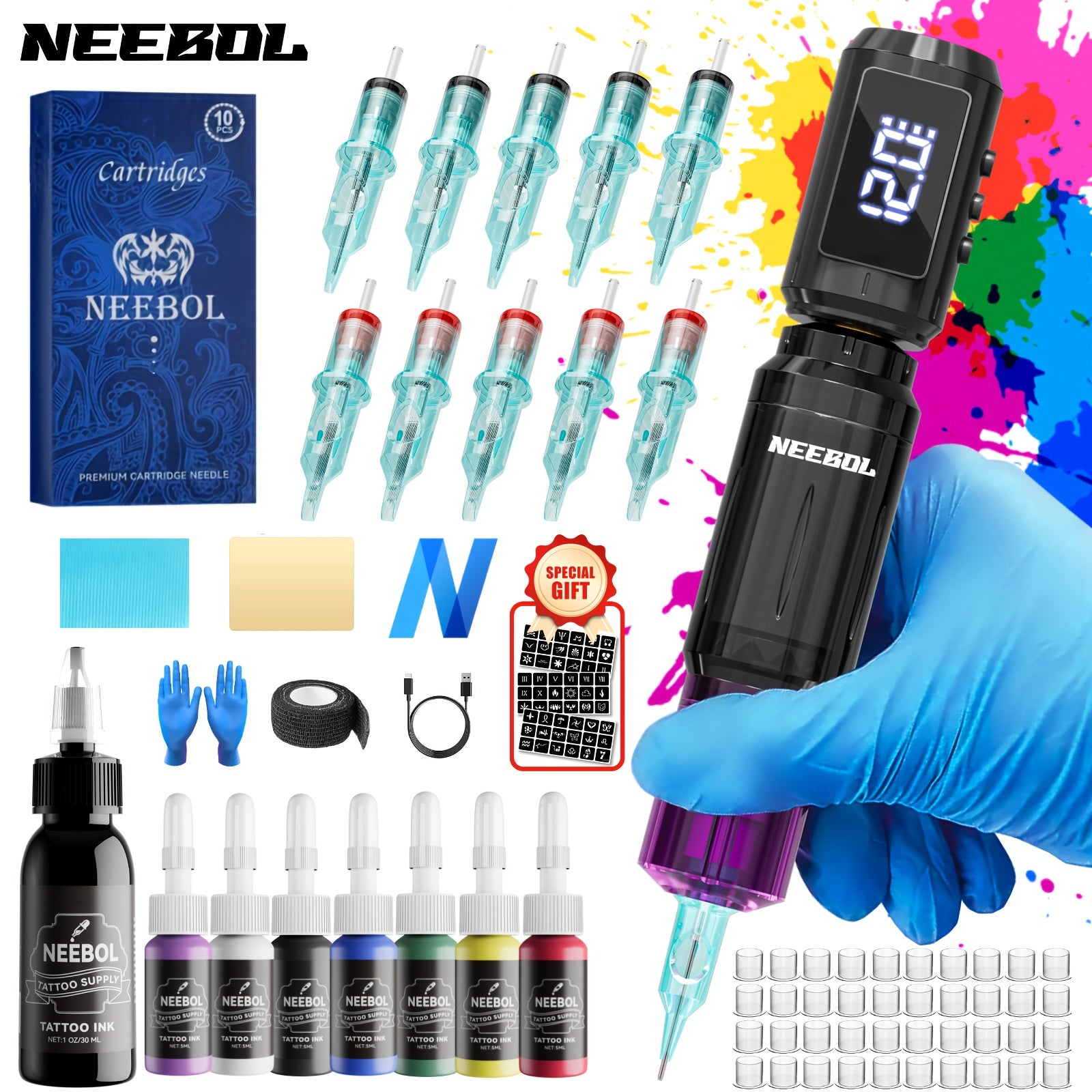 Wireless Tattoo Machine Kit for Beginners & Artists – Rotary Cordless Tattoo Pen Gun with 1500mAh Battery, 10 Cartridge Needles, 7 Inks & Extra Black Ink – Complete Body Art Tattoo Supply Set