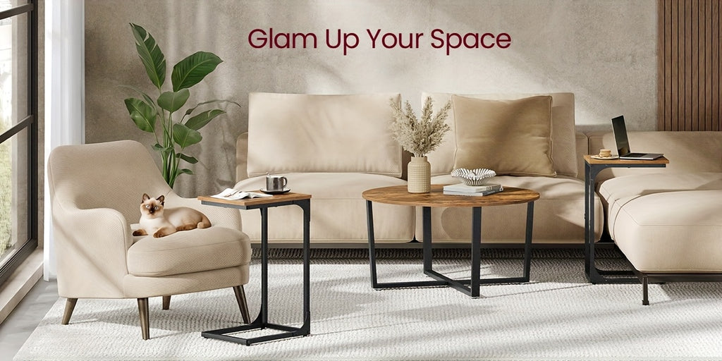 C-Shaped End Table, Sofa Table With Metal Frame For Living Room, Bedroom, Small Side Table For Couch, Bedside, Rustic Brown And Black