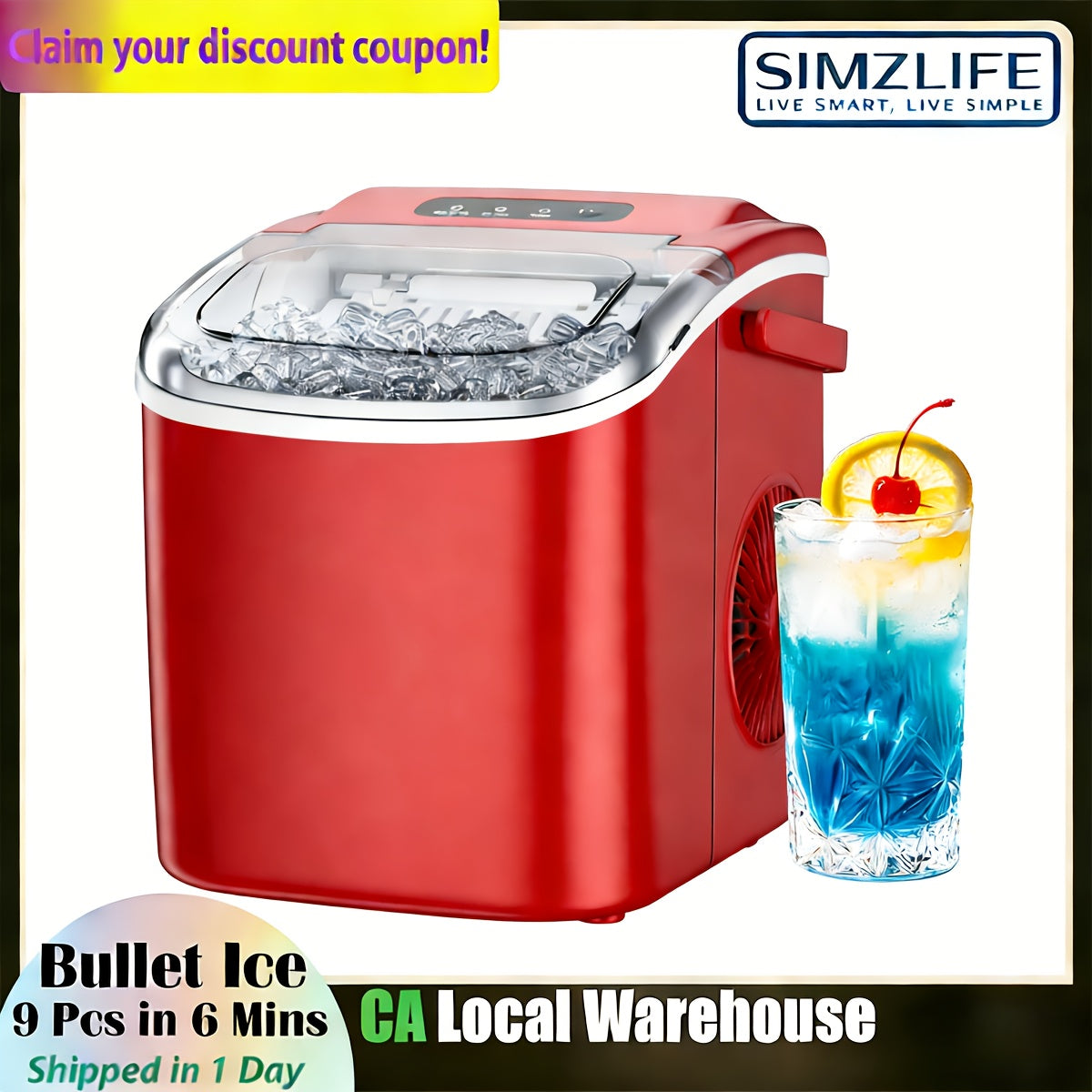 Portable Countertop Ice Maker 26 lbs/24Hr – Makes 9 Ice Cubes in 6 Minutes, Self-Cleaning with Carrying Handle, Ice Basket & Scoop Included, for Kitchen, Camping & RV