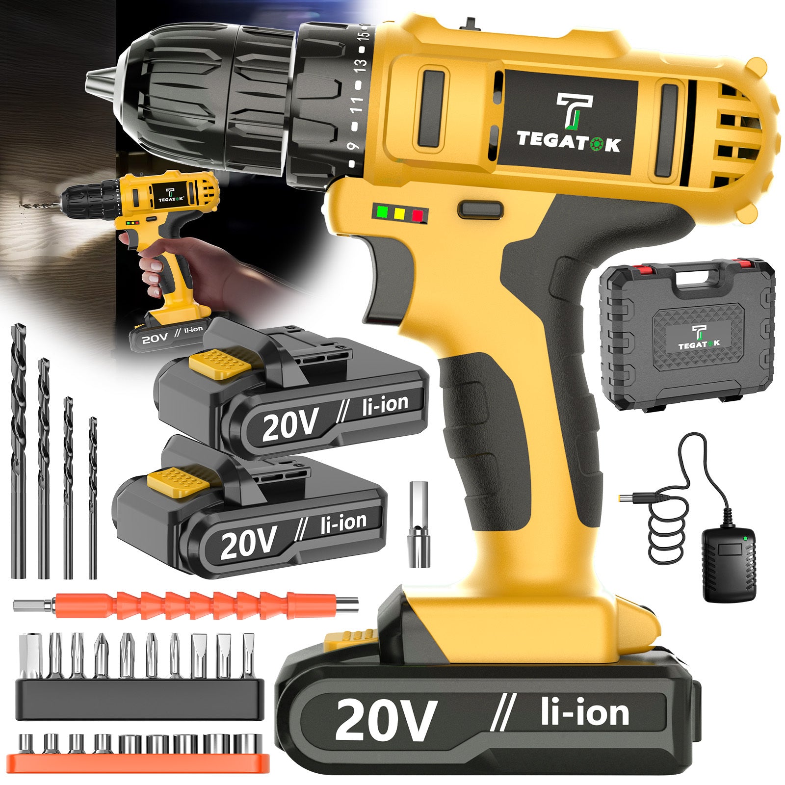 20V Cordless Drill Tool Set with Speed & Torque Adjustment – 2-in-1 Drill & Electric Screwdriver for Home Improvement, Industrial Use, Concrete Walls, Wood & Metal Drilling and Screw Tightening