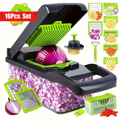 Professional Onion Chopper 16-in-1 Vegetable Slicer Dicer Multifunctional Food Chopper with 8 Blades & Container, Kitchen Carrot Potato Cutter Tool for Meal Prep, Gray Black