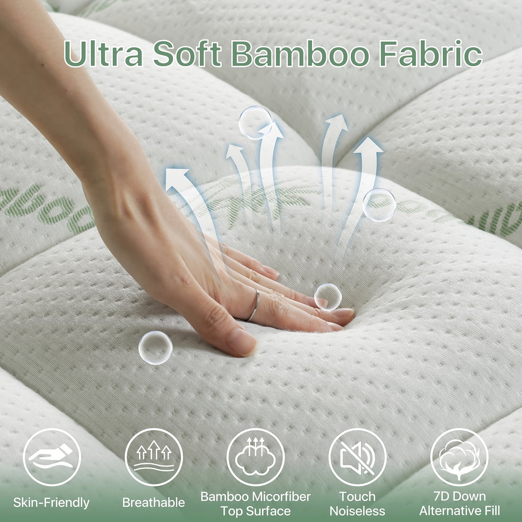 Cooling Bamboo Fiber Pillow Mattress Topper - 800GSM Cooling Mattress Pad with High Quality & Moisture-Proof Bottom, Breathable & Cool for Immersive Sleep, Offering A Premium Sleep Experience, Soft Mattress Cover with 8"-21" Deep Pocket