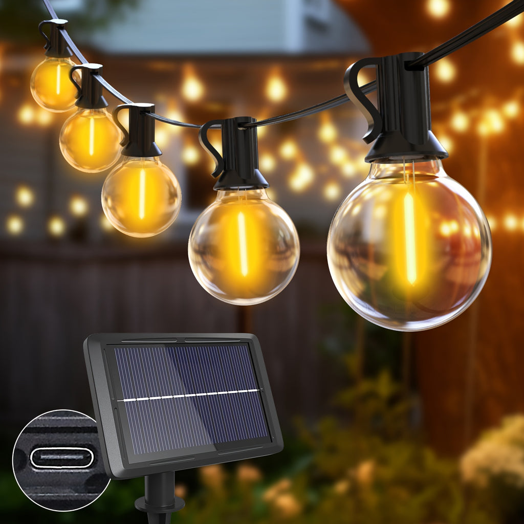 Solar Outdoor String Lights 120ft 53 ST38 LED Bulbs – 5 Modes IP44 Waterproof Solar Garland Lights for Patio Terrace Garden Party Backyard, Warm White