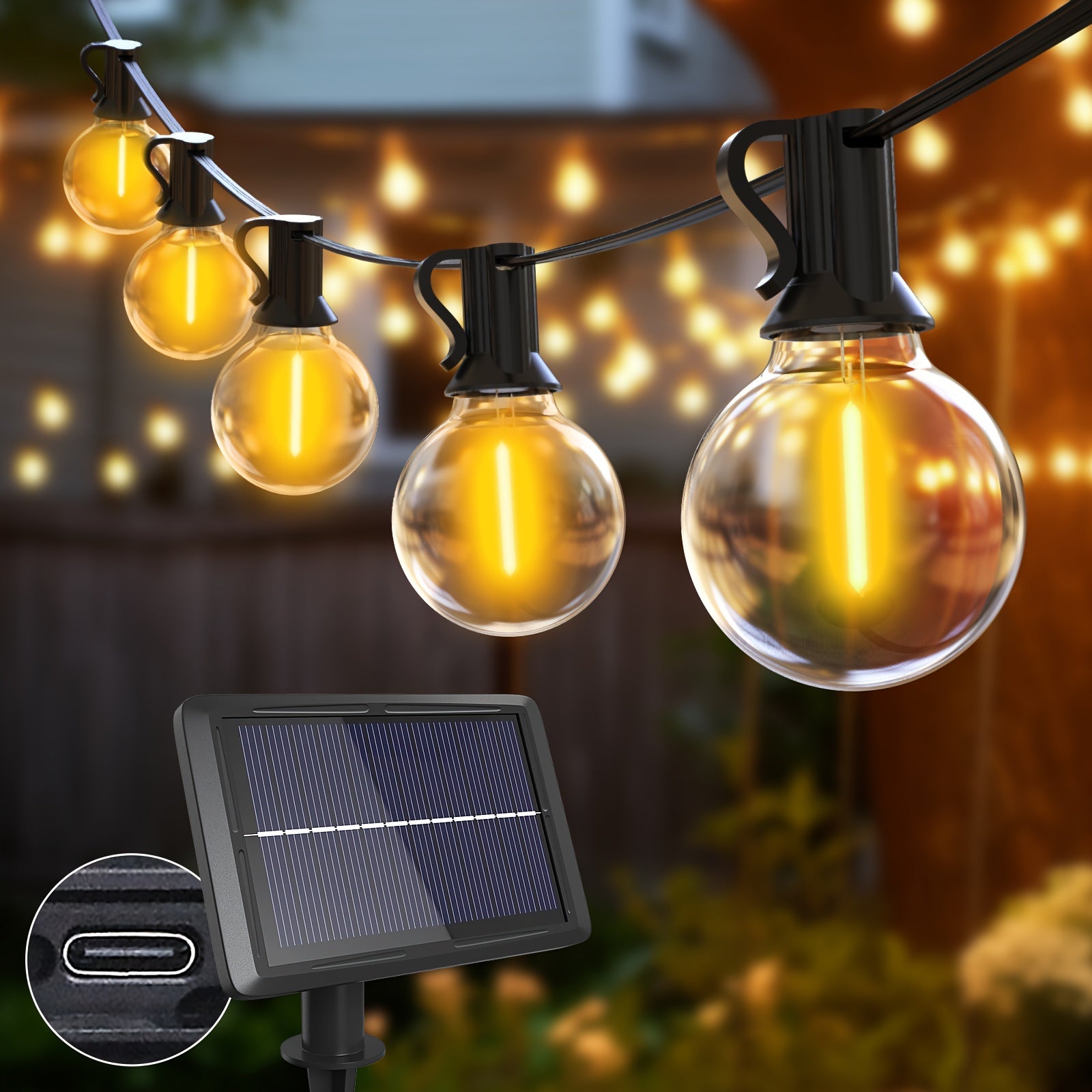 Solar Outdoor String Lights 120ft 53 ST38 LED Bulbs – 5 Modes IP44 Waterproof Solar Garland Lights for Patio Terrace Garden Party Backyard, Warm White