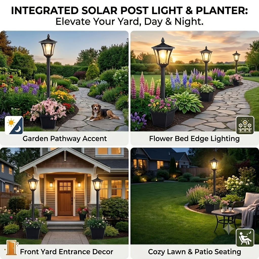 63" Solar Lamp Post Outdoors With Built-In Planter Box | Waterproof Garden Lamp For Backyard Landscape, Driveway, Pathway Ambience, Auto Dusk To Dawn, Hoodink Brand