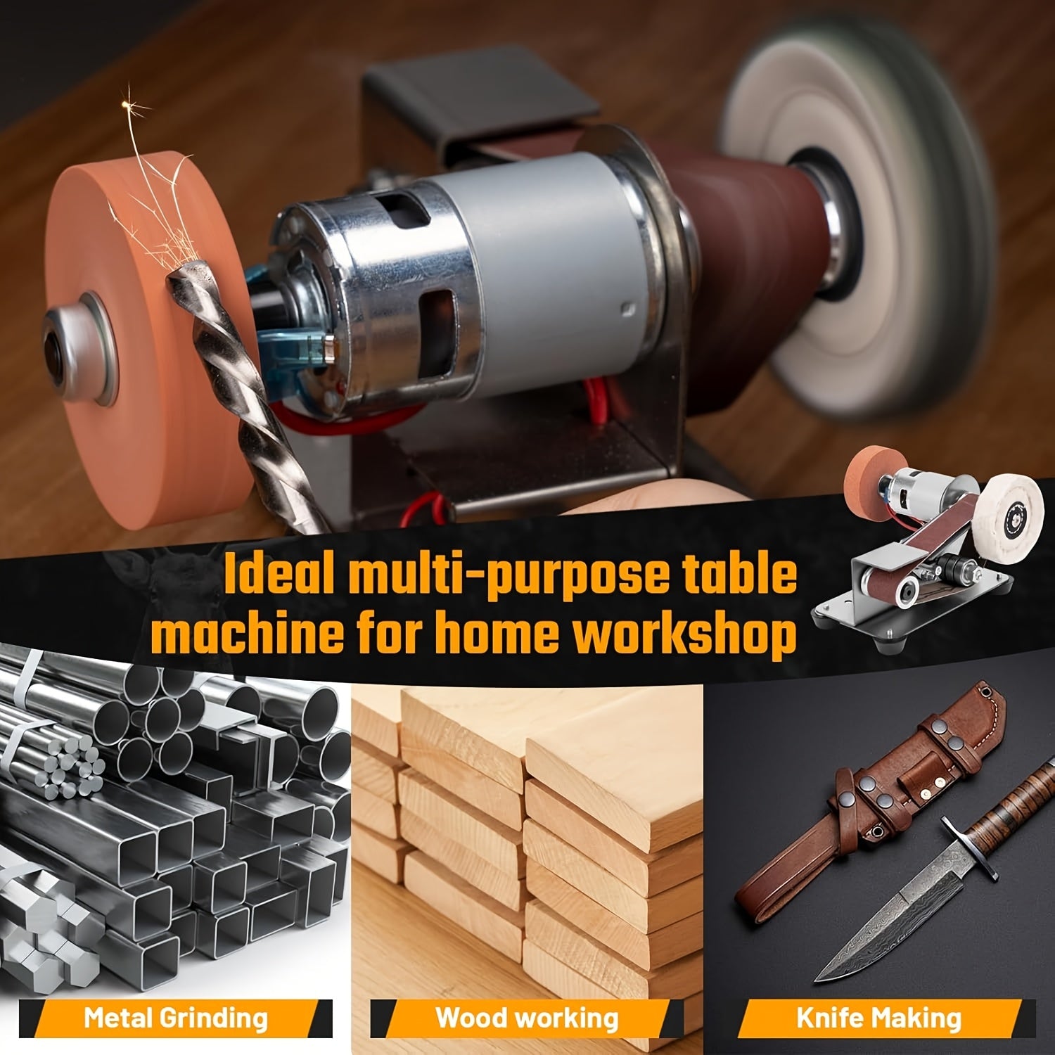 3-In-1 Mini Belt Sander - 15 Degree Knife Sharpener Electric Bench Grinder Sanding Machine, 7 Types Adjustable Speed Buffer Polisher for Metal Wood DIY Handcraft, Tool & Knife Sharpening (Plus Kit)