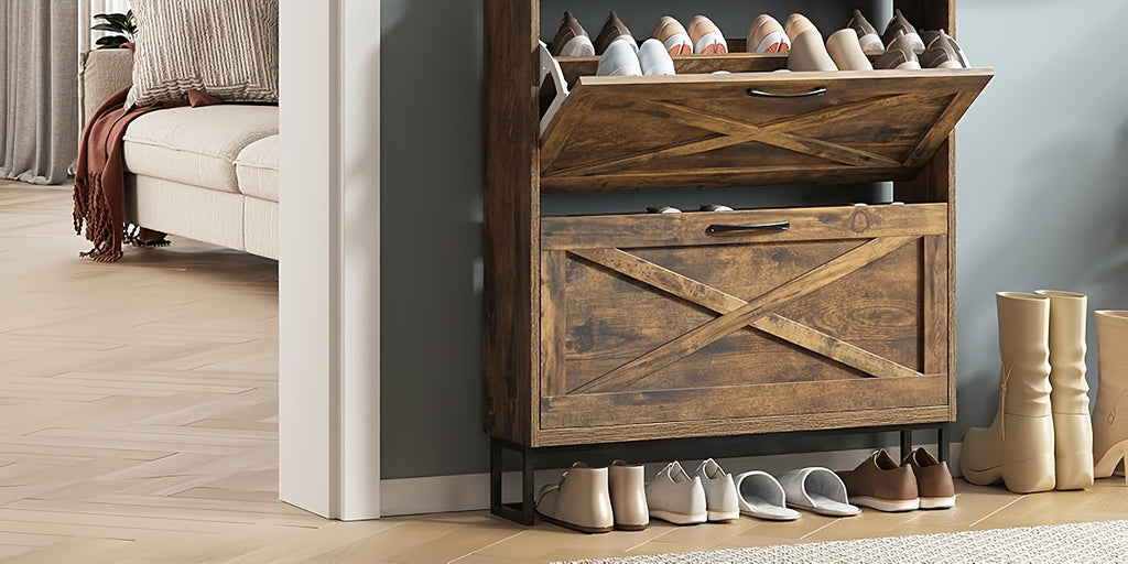 Rustic Brown Wooden Shoe Storage Cabinet With 2 Flip Drawers And Open Storage Shelf, Freestanding Entryway Shoe Cabinet With Metal Legs, Narrow Shoe Rack Organizer With Hidden Design, Holds 12-16 Pairs, Christmas Gift Or Black Friday Deal