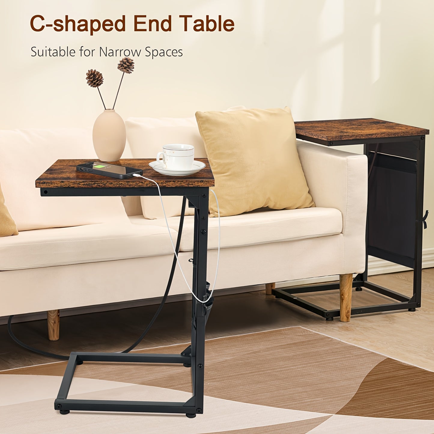 C-Shaped End Table Sofa Side Table with Metal Frame – Small Snack Table for Living Room Bedroom Bedside, Optional Charging Station, Set of 1 or 2