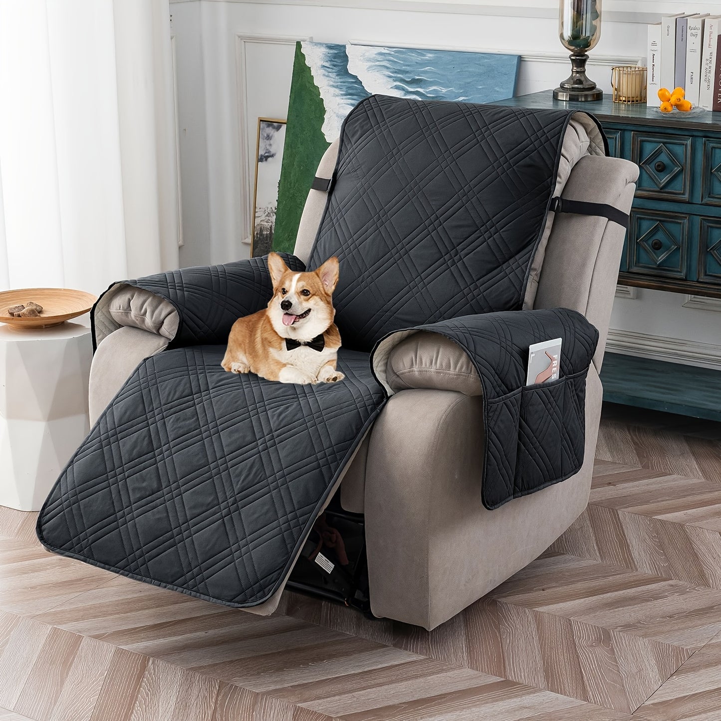 Waterproof Recliner Chair Cover Non-Slip Slipcover with Pocket – 5-Layer Quilted Furniture Protector for Pets, Washable, Easy Install, Elastic Straps – 9 Colours Including Black, Grey & Beige