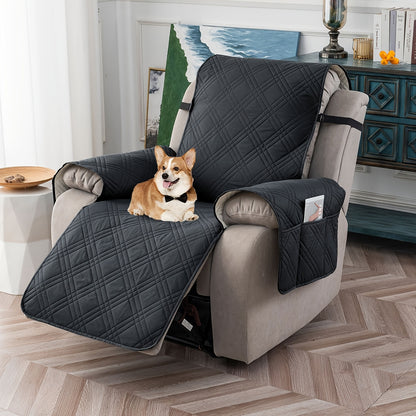 Waterproof Recliner Chair Cover Non-Slip Slipcover with Pocket – 5-Layer Quilted Furniture Protector for Pets, Washable, Easy Install, Elastic Straps – 9 Colours Including Black, Grey & Beige