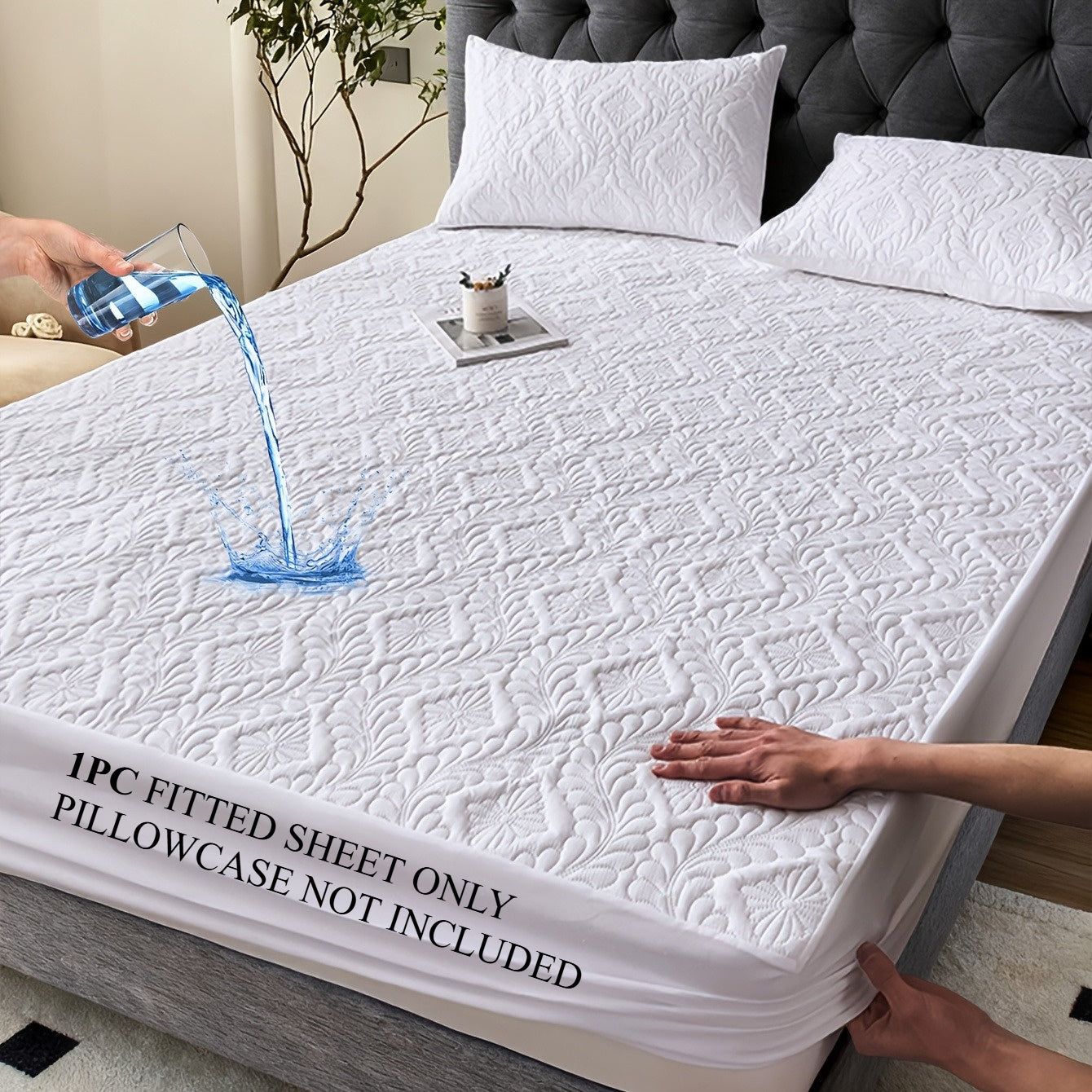 Waterproof Fitted Sheet Mattress Protector – Soft Quilted Breathable Bed Cover, Machine Washable, Fade-Resistant, Twin Full Queen King, Grey White Blue Black