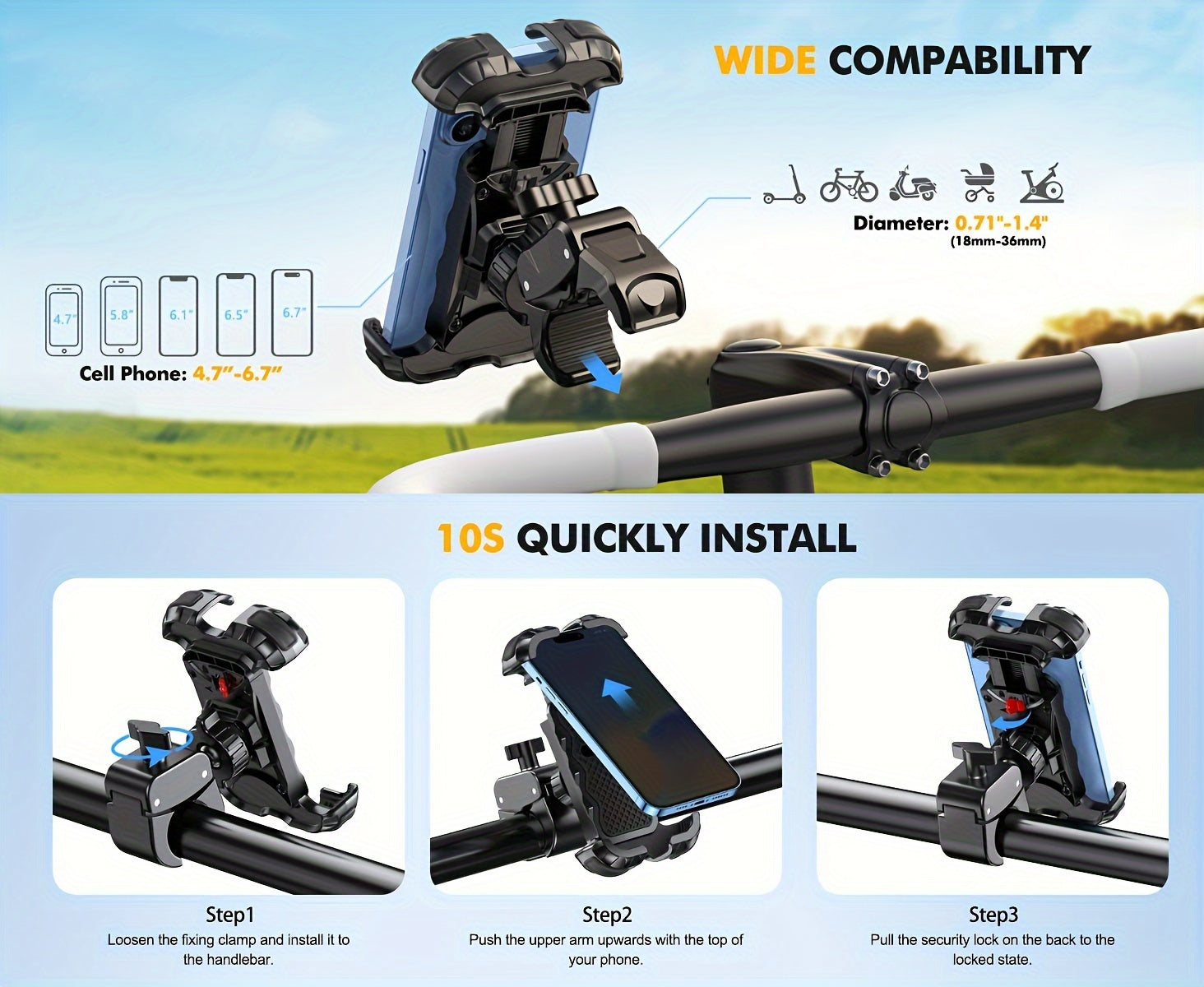 BABACOM Bicycle Phone Holder, Enhanced [1S Lock][Safe Guard] Motorcycle Phone Holder, [360° Rotatable] Phone Mount for Bicycle Handlebars Compatible with 4.7-6.8" Mobile Phones