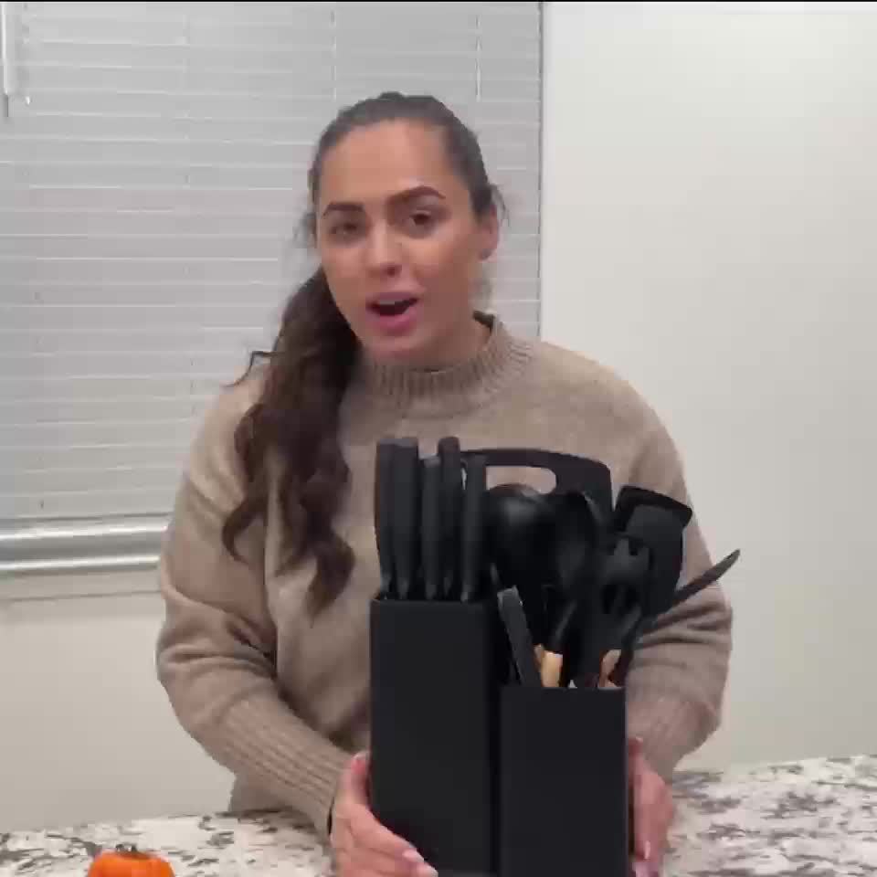 20pcs Kitchen Cooking Utensils and Knife Set with Knife Block, Including 11pcs Silicone Cooking Utensil Set, 5 Sharp Stainless Steel Chef Knives, Scissors, Whisk, Petal Spoon, and Cutting Board