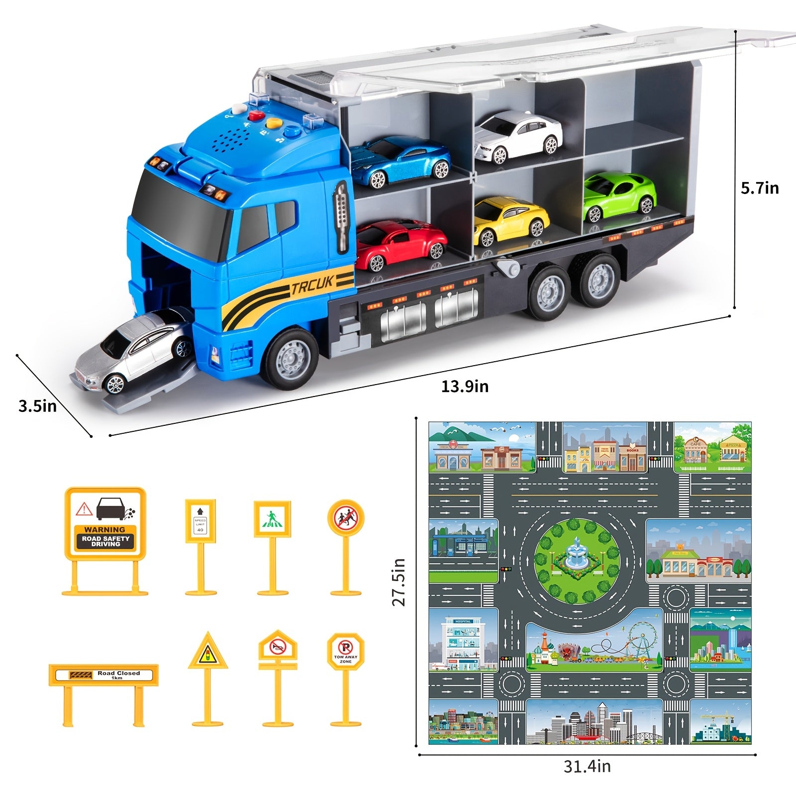 Construction Truck Toy Set with Play Mat for Kids - Die-Cast Metal Carrier & Fire Truck Vehicles, Birthday & Christmas Gift for Boys & Girls