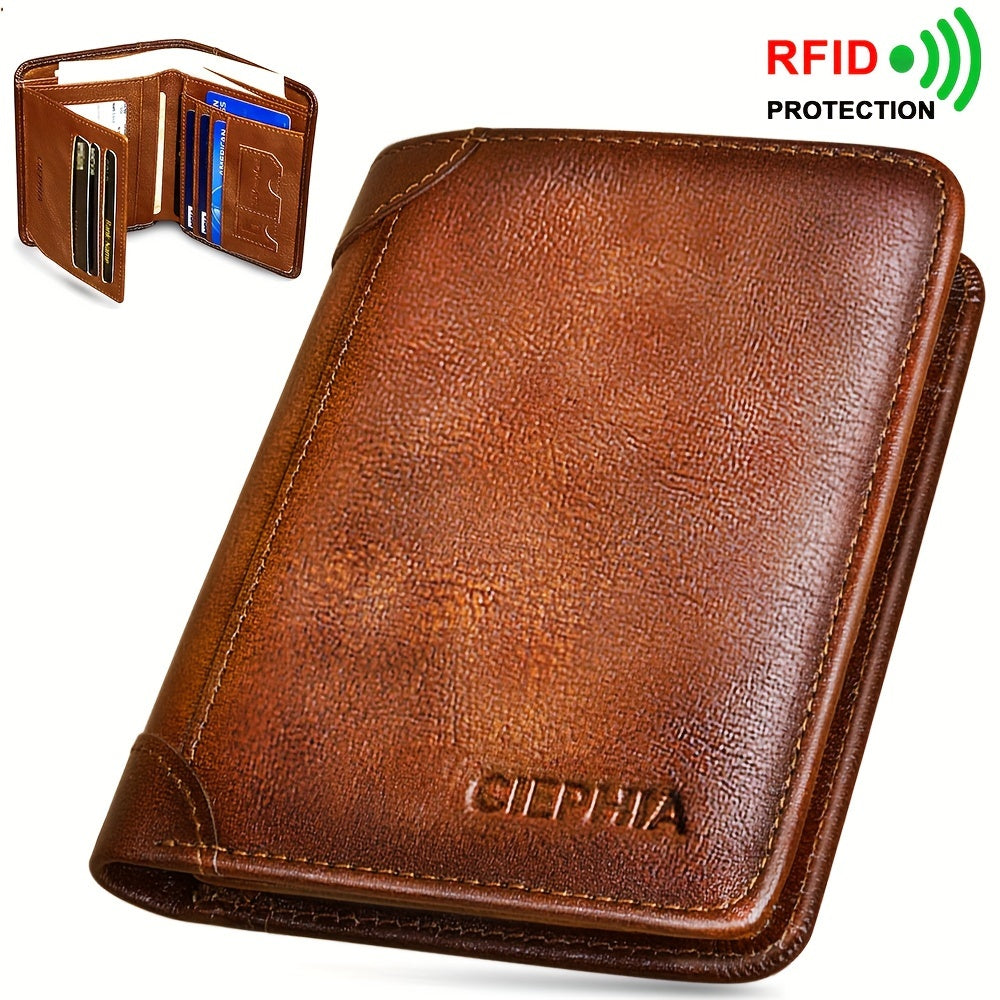 RFID Blocking Genuine Leather Wallet for Men – Trifold & Bifold Cowhide Vintage Wallet with 9 Card Slots, 2 ID Windows & Money Clip | Anti-Theft Gift for Him | ShopVora CA
