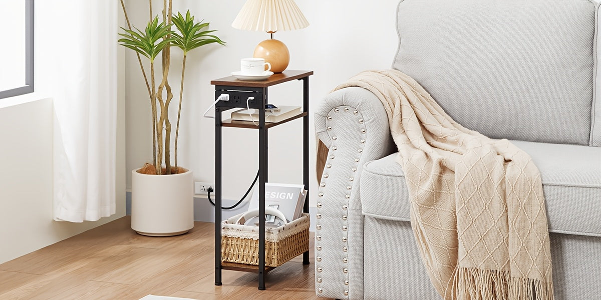 MANAGEABLE 1pc/2pcs Narrow Side Table with Charging Station, Small End Tables for Small Space, 3 Tier Slim Night Stand, Skinny Sofa Beside Table with Storage Shelf