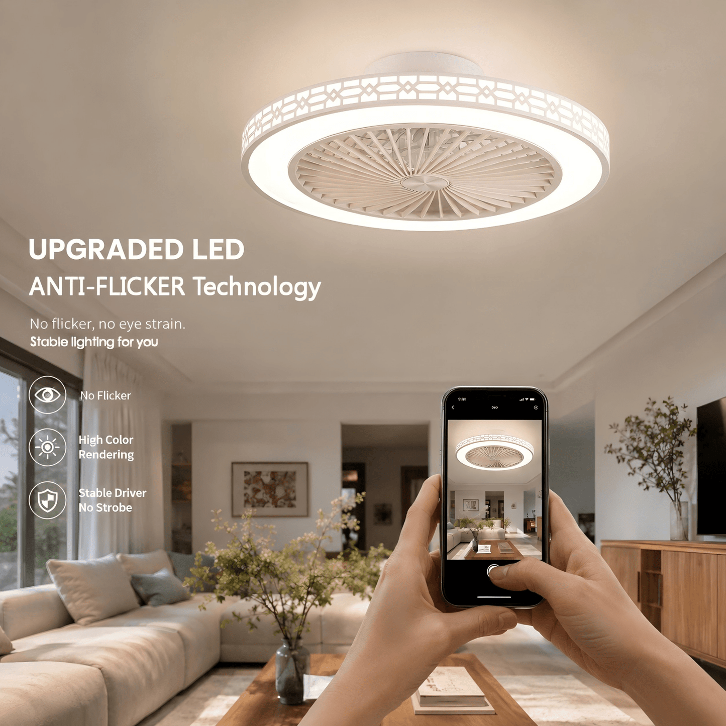 20 Inch Modern Ceiling Fan with LED Light & Remote - Low Profile Flush Mount, Dimmable 3 Colour Temperatures, 6 Wind Speeds, Timing Function for Bedroom, Living Room, Kitchen & Office