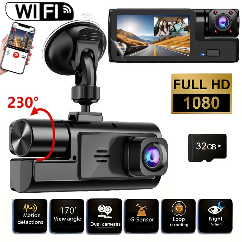 3-Lens Dash Cam with Front Inside Cabin & Rear Reversing Camera – WiFi, 1080P, Night Vision, G-Sensor, Loop Recording, Parking Monitor – Taxi Truck SUV Rideshare Car Accessory, 16GB/32GB