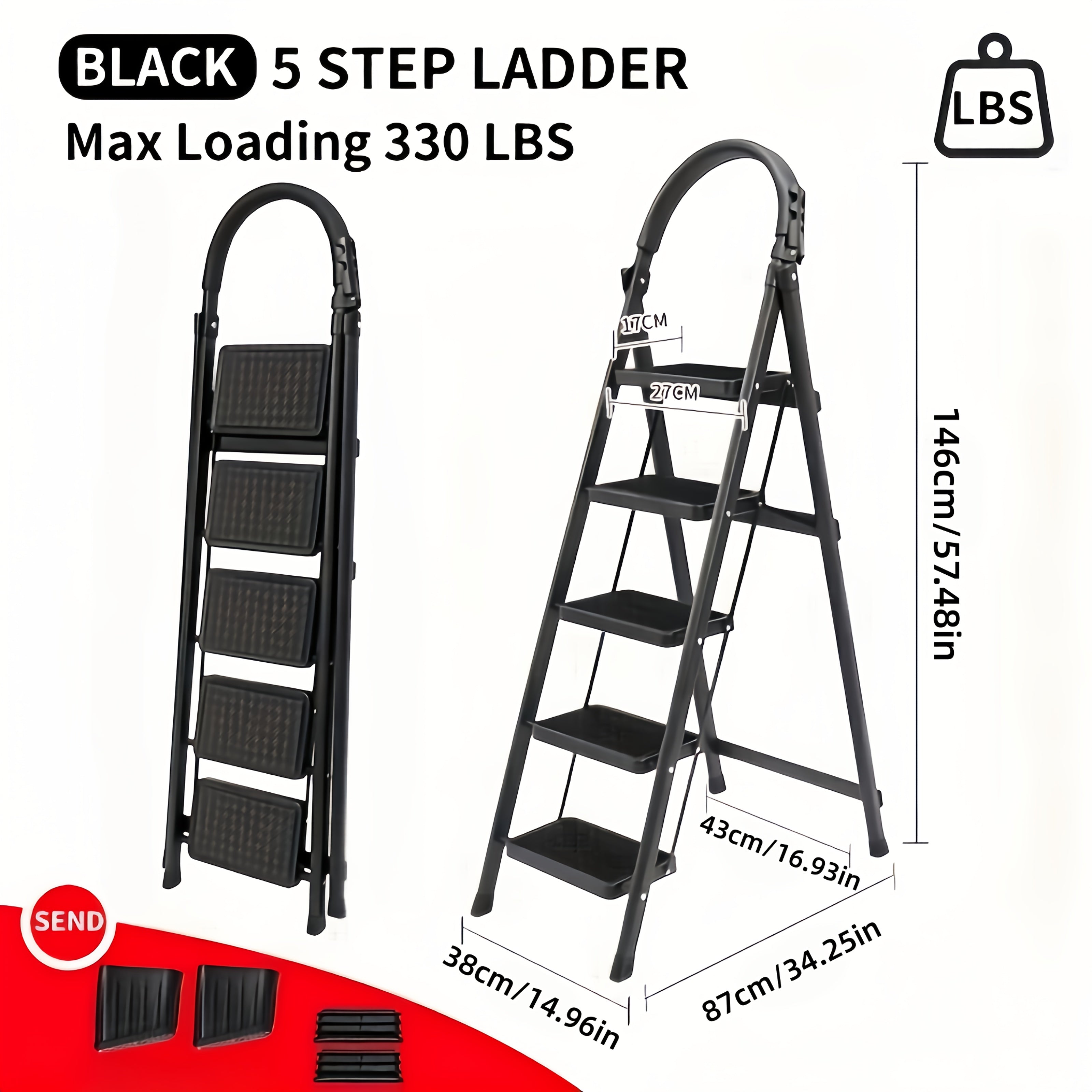 Heavy-Duty Folding Step Ladder 250–450 lb Capacity – A-Frame Metal with Non-Slip Steps, Wide Base & Locking System, 3/4/5-Step Foldable Design for Home, Garage & Outdoor Use