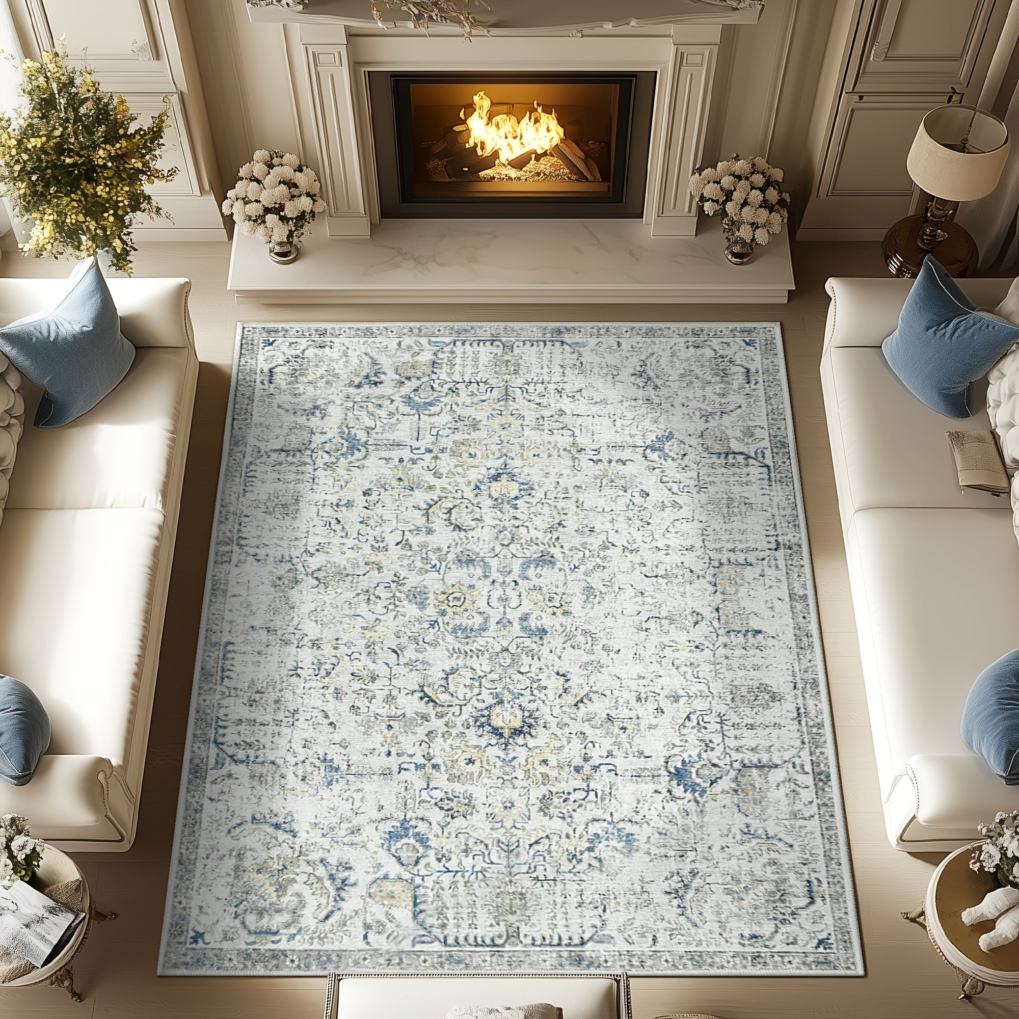 Vintage Boho Distressed Floral Area Rug – Machine Washable, Non-Slip Backing, Stain Resistant – Retro Oversized Accent Carpet for Living Room, Bedroom, Kitchen & Dining Room