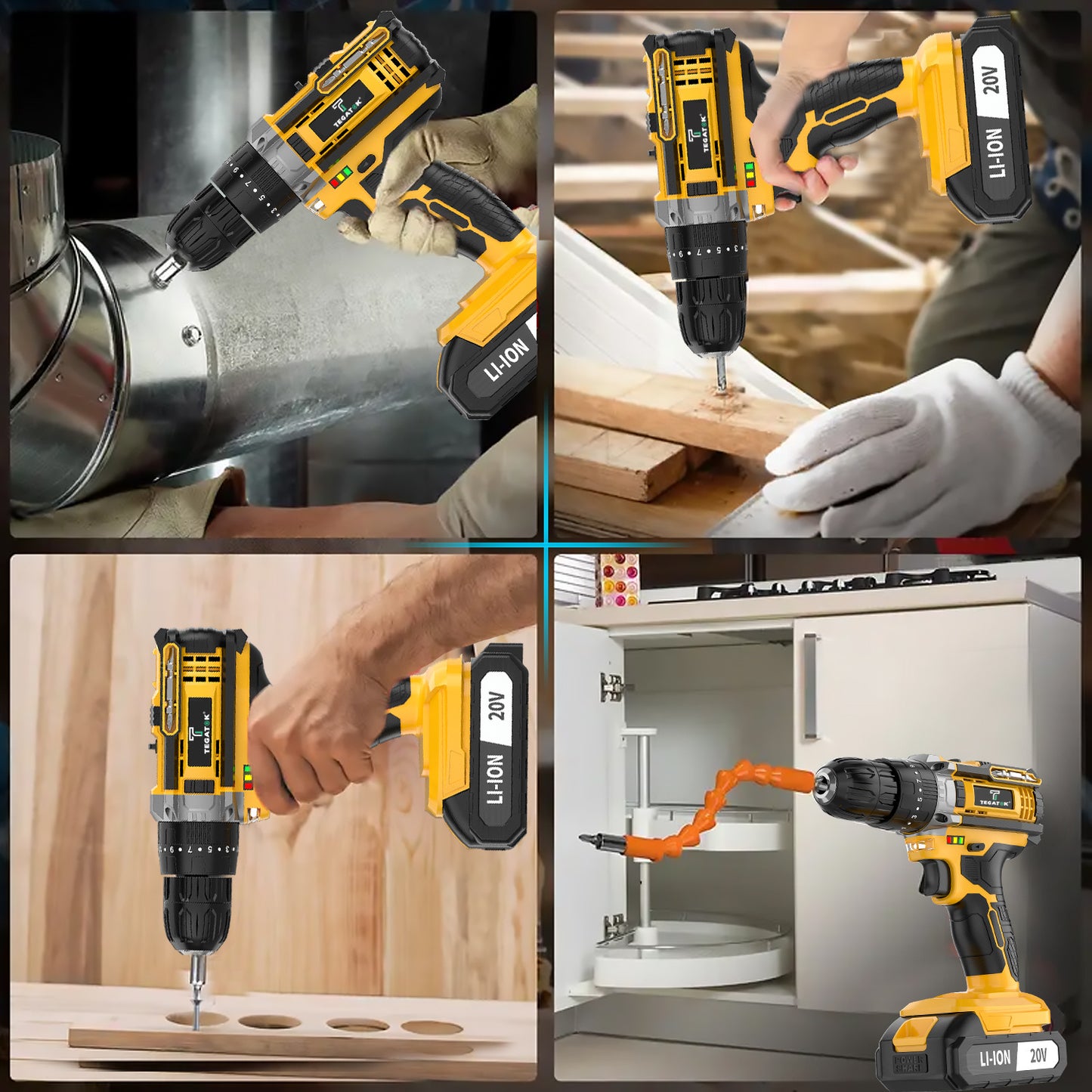 20V Cordless Drill Tool Set with Speed & Torque Adjustment – 2-in-1 Drill & Electric Screwdriver for Home Improvement, Industrial Use, Concrete Walls, Wood & Metal Drilling and Screw Tightening