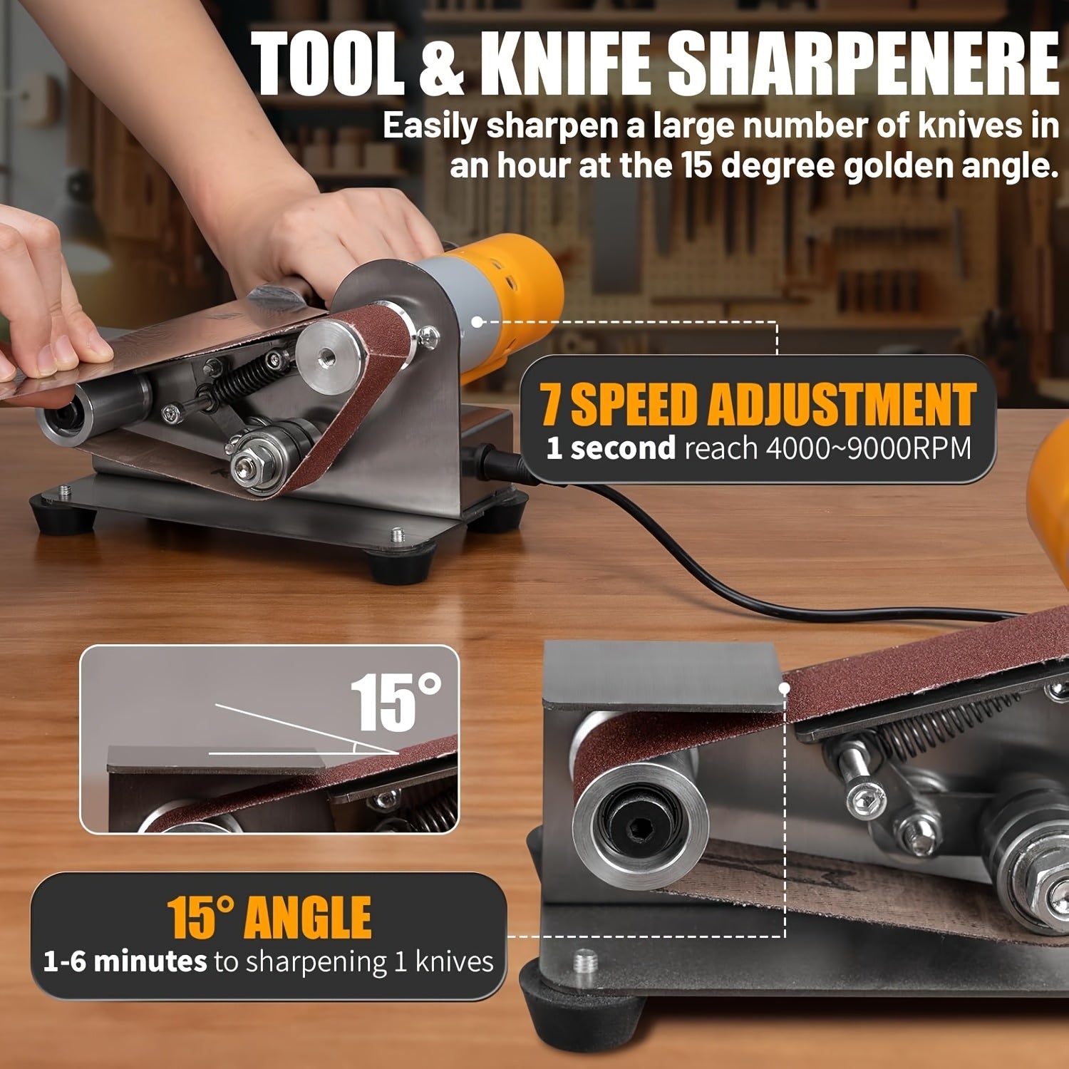 3-In-1 Mini Belt Sander - 15 Degree Knife Sharpener Electric Bench Grinder Sanding Machine, 7 Types Adjustable Speed Buffer Polisher for Metal Wood DIY Handcraft, Tool & Knife Sharpening (Plus Kit)