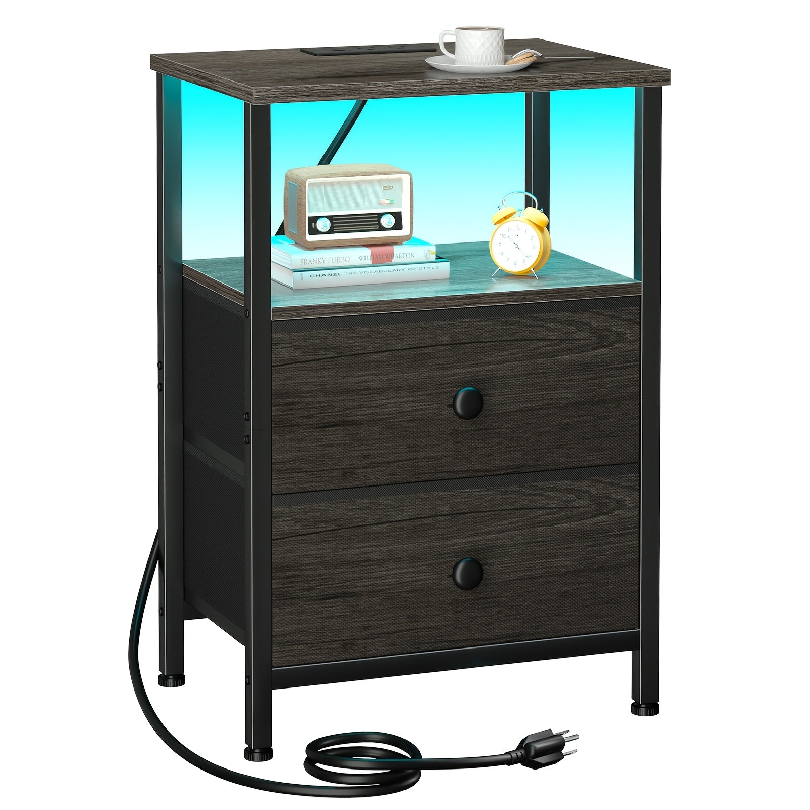 Bedside Table with Charging Station & 2 Fabric Drawers – 4-Layer Storage Nightstand End Table for Bedroom Living Room, Black or Brown (Set of 1 or 2)