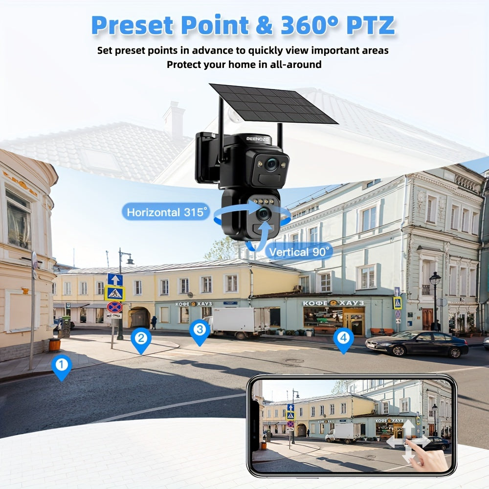 [10X Zoom] 360-Degree Low-Power CCTV Solar Panel Battery 2K QHD Wifi Camera with Spotlight Alarm, Motion Detection, Color Night Vision, Two-Way Audio, One Device =Two Cameras(Solar Bullet Camera+Solar PTZ Camera)