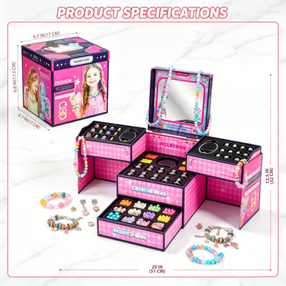 Princess DIY Beaded Jewelry Making Set with Jewelry Box & Mirror - Bracelets, Necklaces & Beads Craft Kit, Birthday Gift for Girls Kids Ages 3 and Up, Pink or Blue