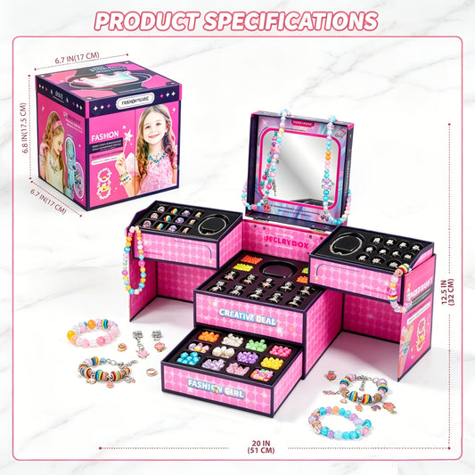 Pink/ Blue Princess DIY Beaded Jewelry Set with Categorized Jewelry Box, Mirror, Bracelets & Necklaces, Toy Gifts for Girls Kids Ages 3+