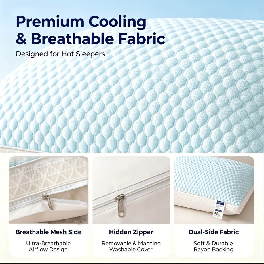 Fiber Filling Cooling Bed Pillows 2-Pack with Satin Zipper Cover – Breathable Moisture-Wicking Neck Support Sleep Pillow, Medium Firmness, All-Season Home Bedding