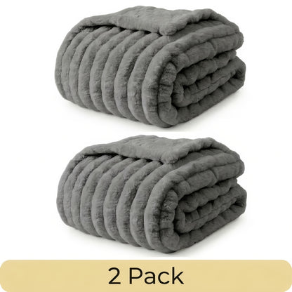 Faux Fur Rabbit Blanket Set of 2 – 260GSM Striped Luxury Plush Throw, OEKO-TEX Certified, Machine Washable, Cozy Sofa & Bed Blanket for Women & Men, Multiple Colours
