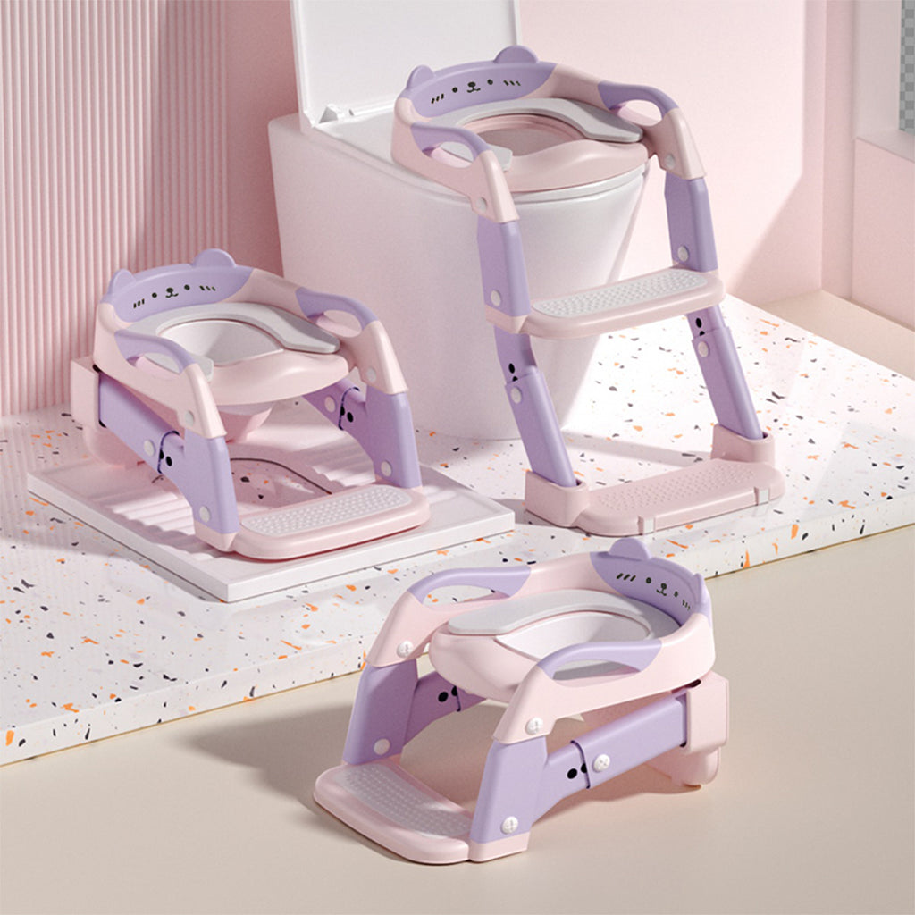 3-in-1 Potty Training Toilet & Potty Chair with Height Adjustment, Splash Guard & Anti-Slip Steps - Foldable Toddler / Training Seat, Soft & Step-by-Step Guide - Converts to -Like Toilet for Kids (Pink/Lavender)