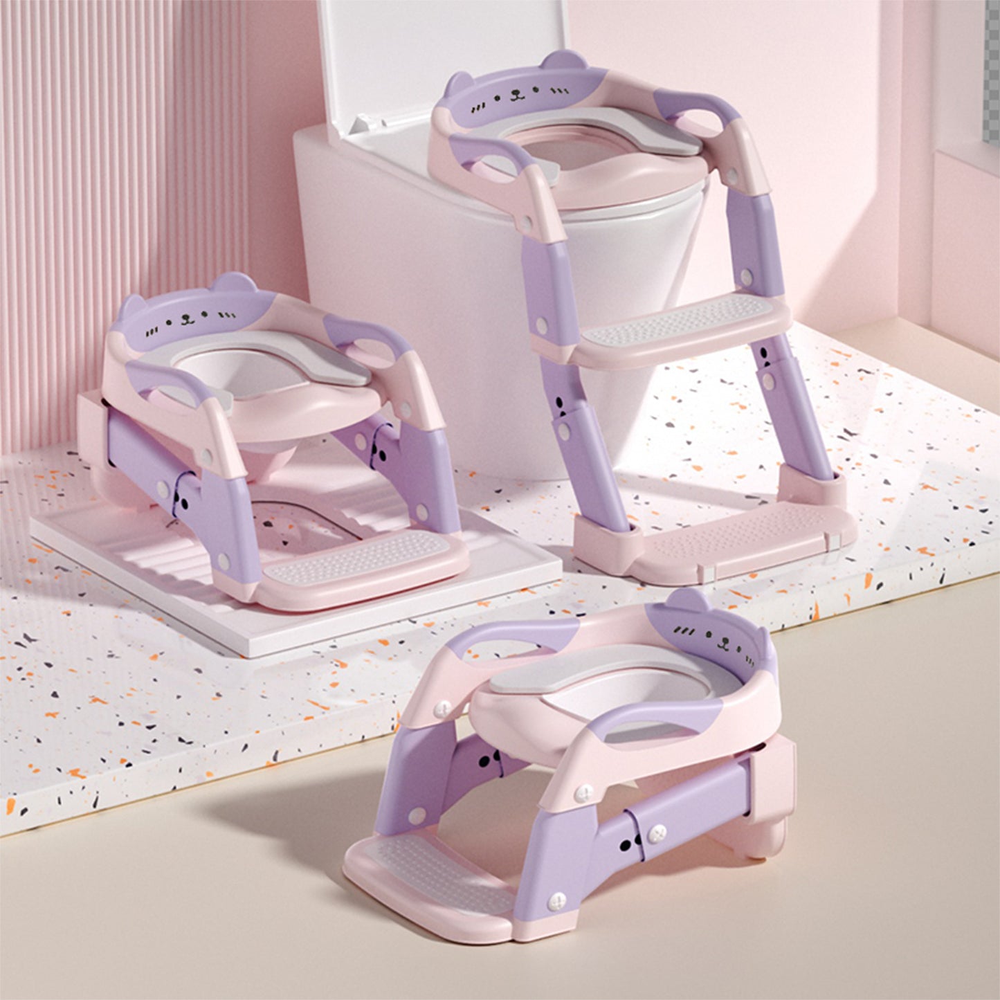 Foldable Potty Training Toilet for Toddlers 3-in-1 with Height Adjustment, Splash Guard, Anti-Slip Steps & Soft Seat – Converts to Real Toilet Seat, Step-by-Step Guide Included – Pink/Lavender, Boys & Girls