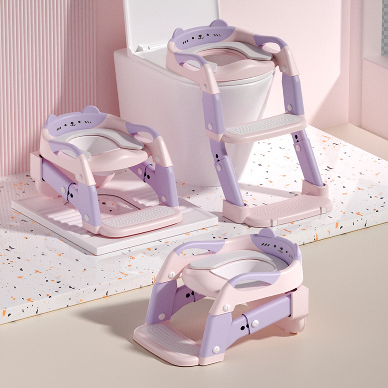 3-in-1 Potty Training Toilet & Potty Chair with Height Adjustment, Splash Guard & Anti-Slip Steps - Foldable Toddler / Training Seat, Soft & Step-by-Step Guide - Converts to -Like Toilet for Kids (Pink/Lavender)