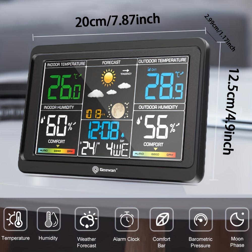 1pc Geevon Weather Station Wireless Indoor Outdoor Thermometer, Color Display Weather Thermometer, Digital Temperature Gauge with Barometer, Calendar, USB Charge And Adjustable Backlight(Without Battery)