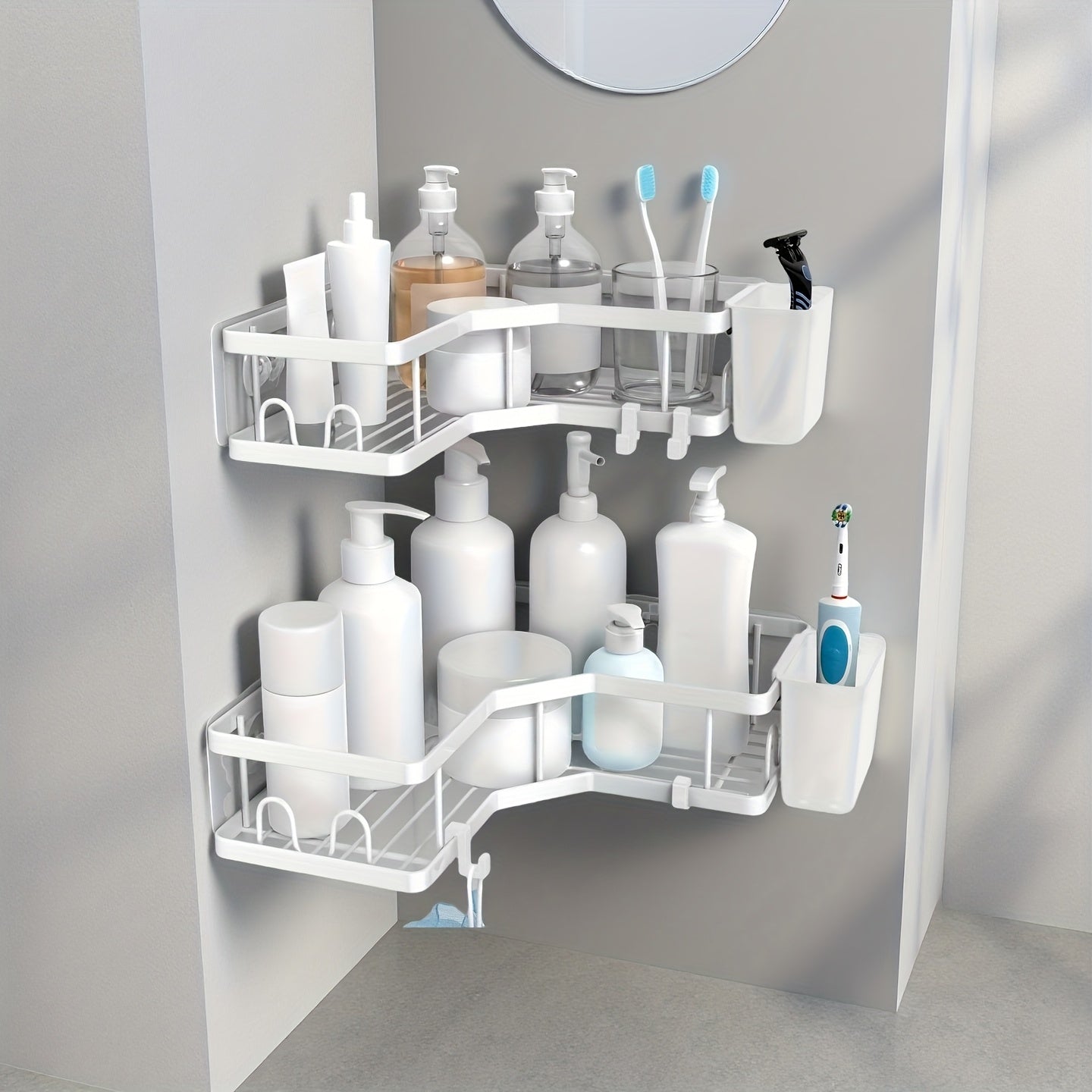 Corner Shower Caddy 2 Pack Adhesive No Drilling – Stainless Steel Shower Corner Shelf Organizer with Hooks & Toothpaste Holder for Bathroom, Kitchen & Dorm Storage